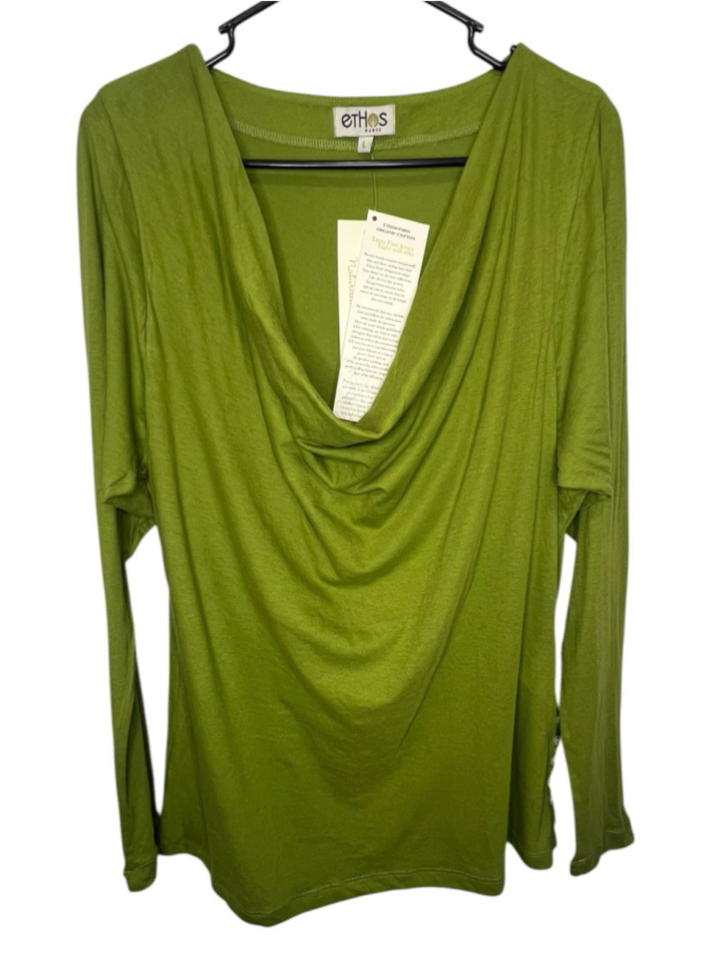 NWT Ethos Paris Green Organic Cotton Cowl Neck Long Sleeve Fair Trade Shirt